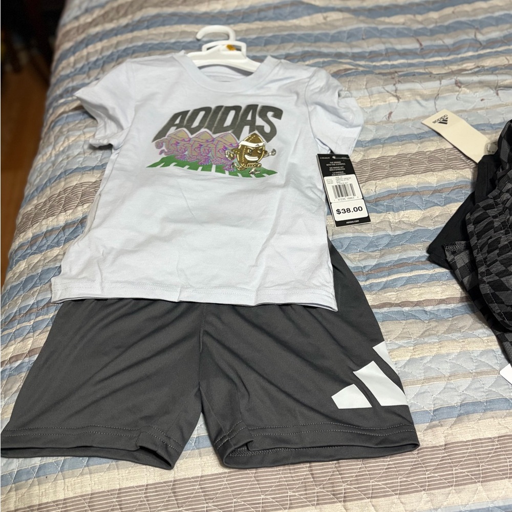 adidas White Graphic Tee with Charcoal Athletic Shorts Set